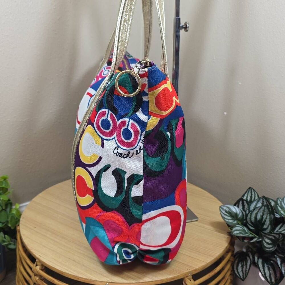 Coach Poppy Glam Tote Op Art Signature Multi-Color Jacquard Shoulder Bag Gold Le - Picture 7 of 14